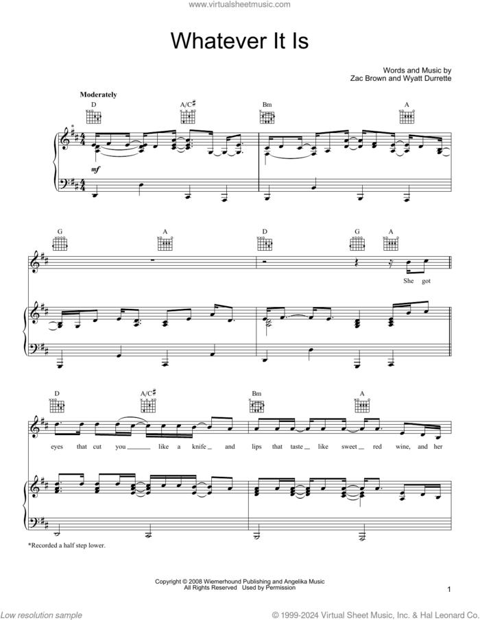 Whatever It Is sheet music for voice, piano or guitar by Zac Brown Band, Wyatt Durrette and Zac Brown, intermediate skill level