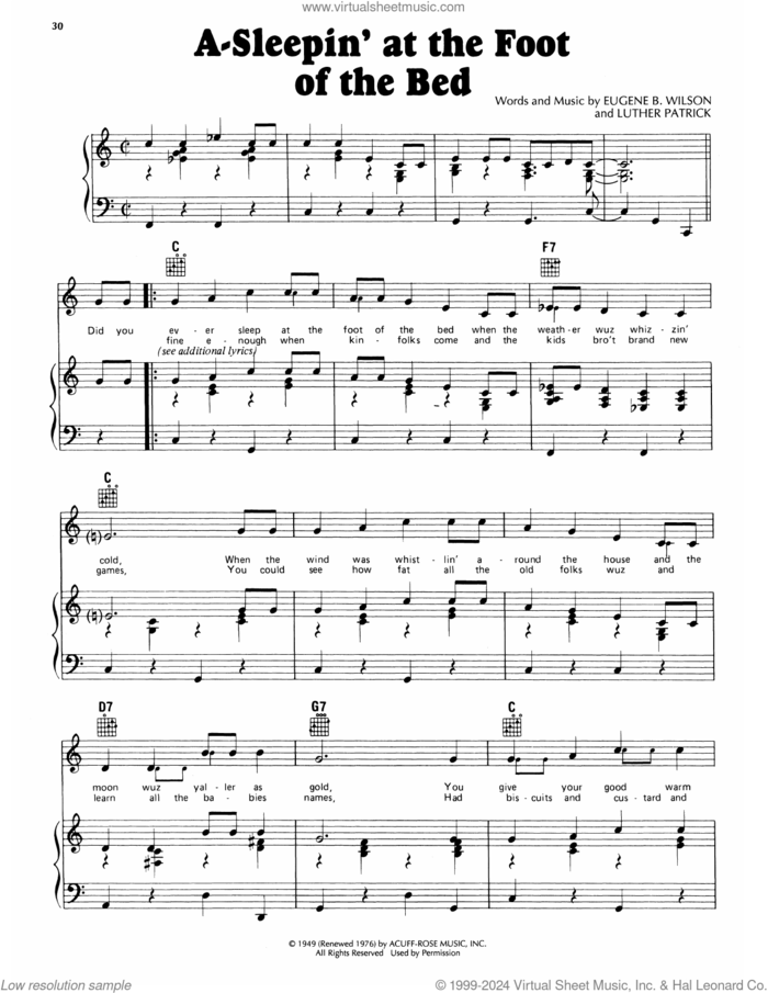 A-Sleepin' At The Foot Of The Bed sheet music for voice, piano or guitar by 'Little' Jimmy Dickens, Eugene B. Wilson and Luther Patrick, intermediate skill level