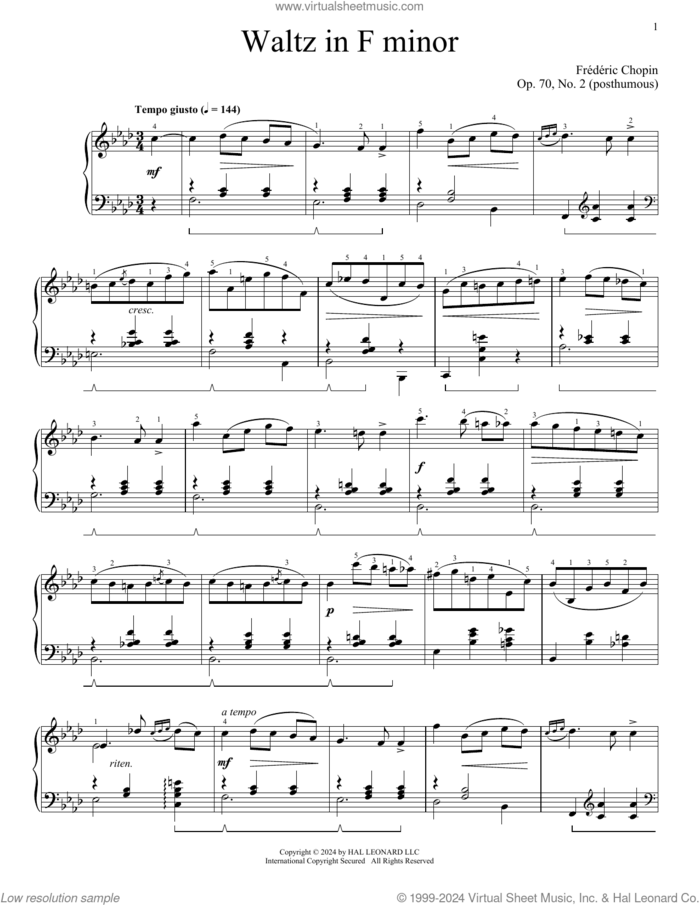 Waltz, Op. 70, No. 2 sheet music for piano solo by Frederic Chopin, classical score, intermediate skill level