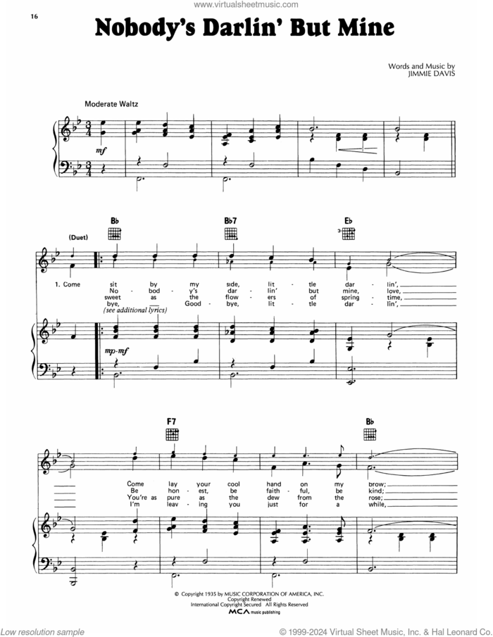 Nobody's Darlin' But Mine sheet music for voice, piano or guitar by Johnny Sea and Jimmie Davis, intermediate skill level