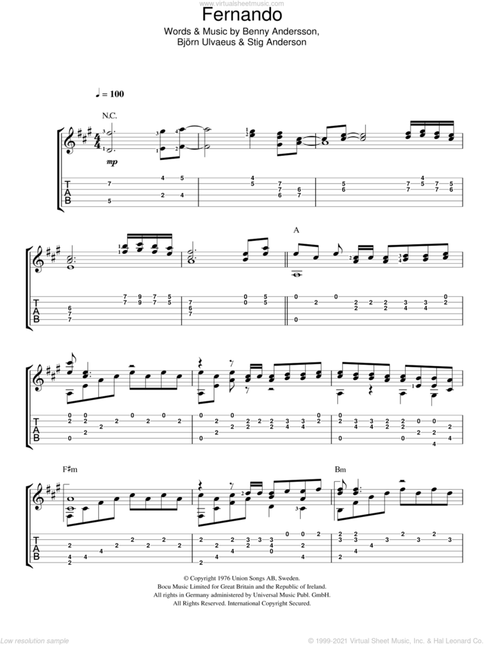 Fernando sheet music for guitar solo (easy tablature) by ABBA, Benny Andersson, Bjorn Ulvaeus and Stig Anderson, easy guitar (easy tablature)