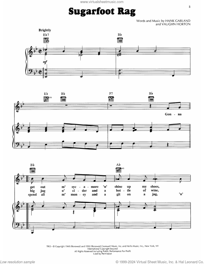 Sugarfoot Rag sheet music for voice, piano or guitar by Vaughn Horton, Jerry Reed, Red Foley and Hank Garland, intermediate skill level