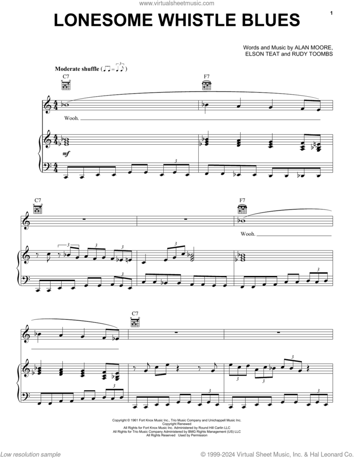 Lonesome Whistle Blues sheet music for voice, piano or guitar by Rudy Toombs, Alan Moore and Elson Teat, intermediate skill level