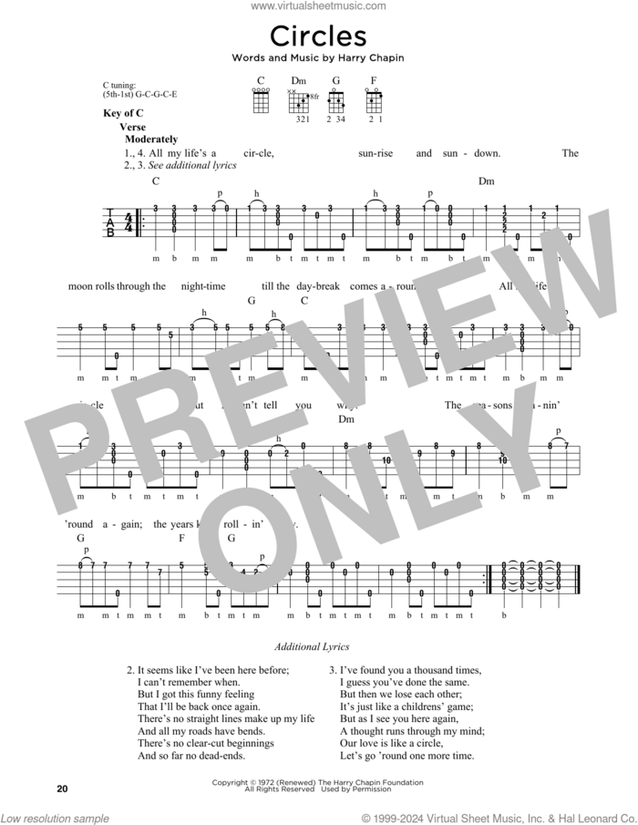 Circle (Circles) sheet music for banjo solo by Harry Chapin, Greg Cahill and Michael J. Miles, intermediate skill level