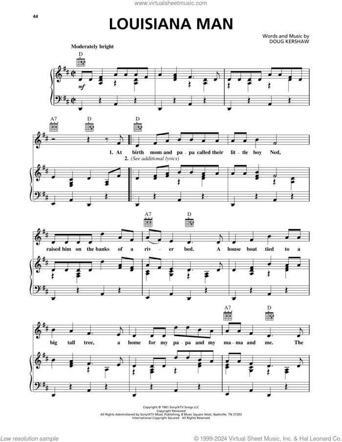 Louisiana Man sheet music for voice, piano or guitar by Doug Kershaw, intermediate skill level