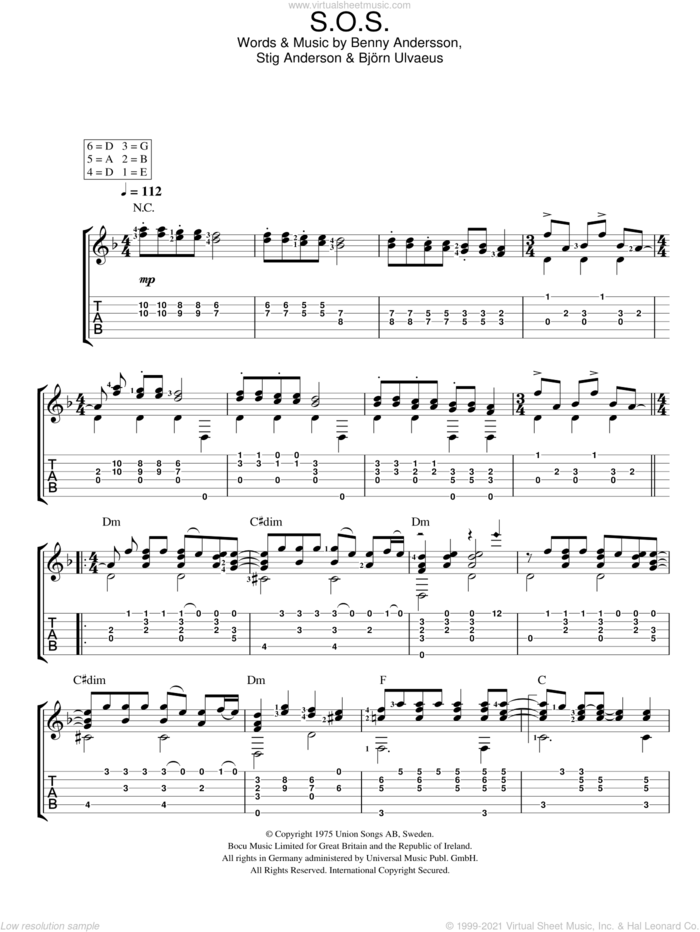 S.O.S. sheet music for guitar solo (easy tablature) by ABBA, Benny Andersson, Bjorn Ulvaeus and Stig Anderson, easy guitar (easy tablature)
