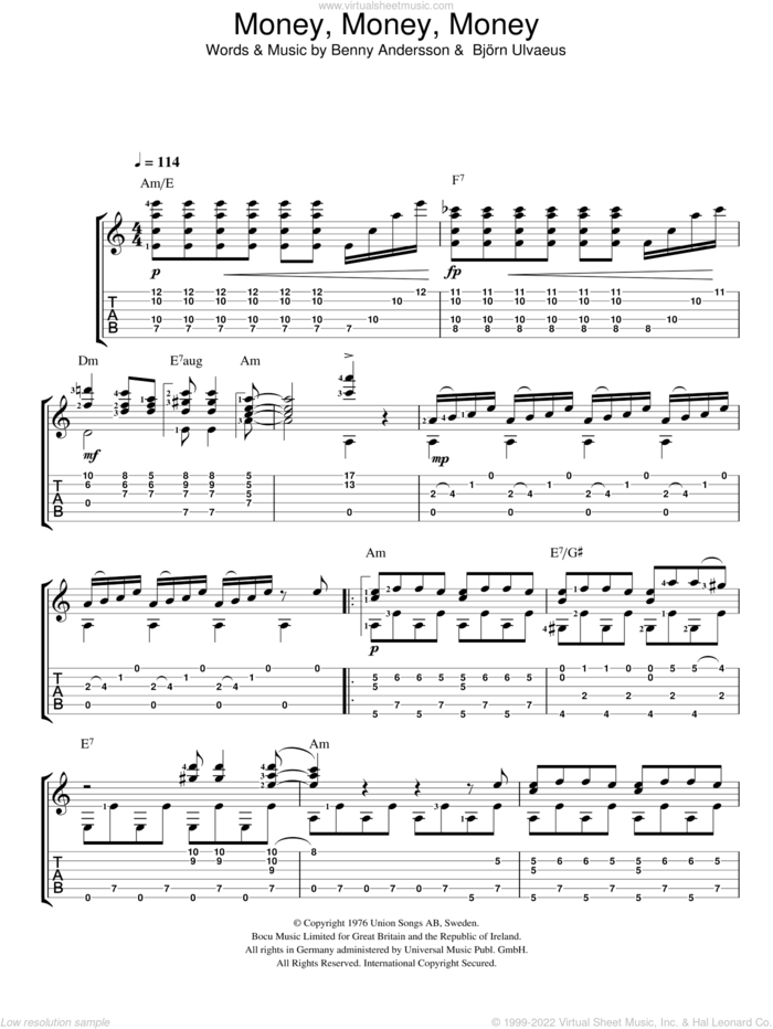 Money, Money, Money sheet music for guitar solo (easy tablature) by ABBA, Benny Andersson and Bjorn Ulvaeus, easy guitar (easy tablature)