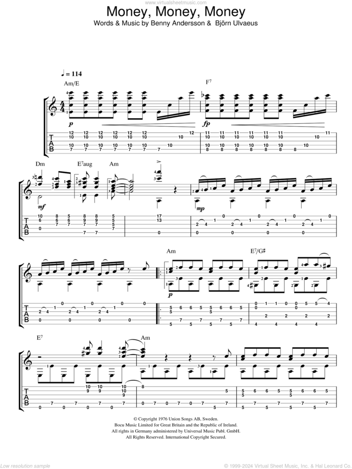 Money, Money, Money sheet music for guitar solo (easy tablature) by ABBA, Benny Andersson and Bjorn Ulvaeus, easy guitar (easy tablature)