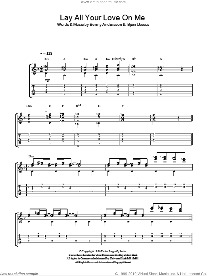 Lay All Your Love On Me sheet music for guitar solo (easy tablature) by ABBA, Benny Andersson and Bjorn Ulvaeus, easy guitar (easy tablature)
