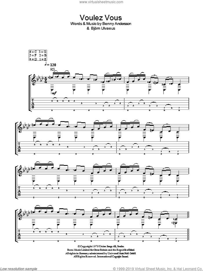 Voulez Vous sheet music for guitar solo (easy tablature) by ABBA, Benny Andersson and Bjorn Ulvaeus, easy guitar (easy tablature)