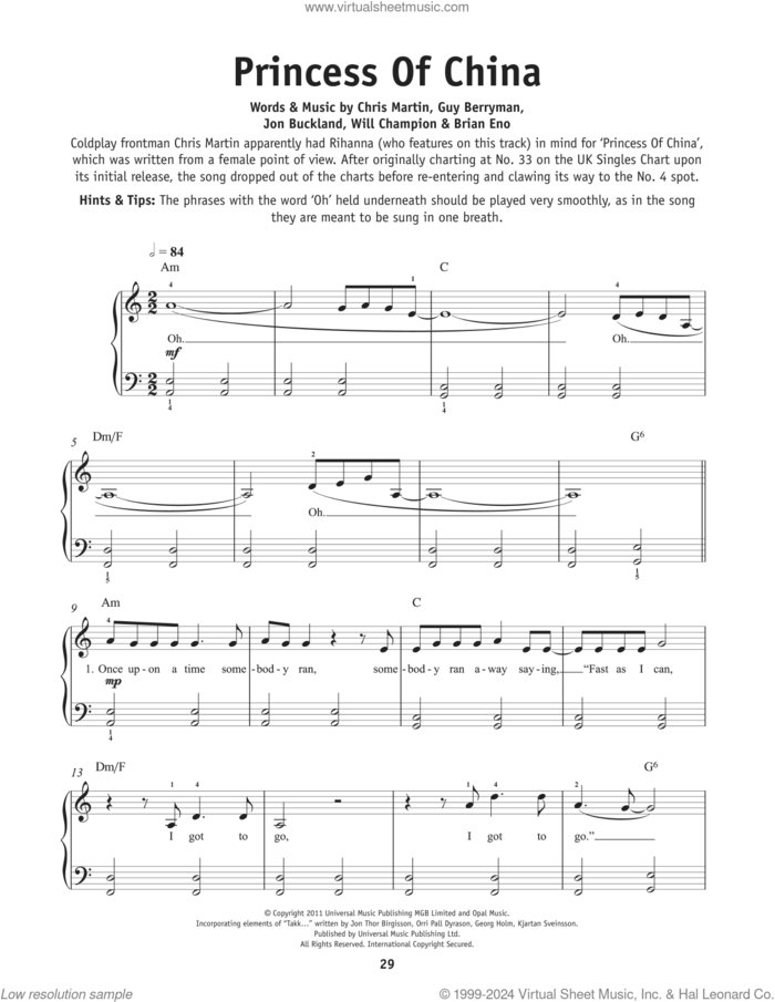 Princess Of China (feat. Rihanna) sheet music for piano solo by Coldplay, Brian Eno, Chris Martin, Georg Holm, Guy Berryman, Jon Birgisson, Jon Buckland, Kjarten Sveinsson, Orri Dyrason and Will Champion, beginner skill level