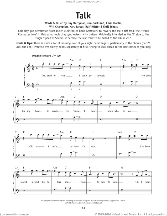 Talk, (beginner) sheet music for piano solo by Coldplay, Chris Martin, Emil Schult, Guy Berryman, Jon Buckland, Karl Bartos, Ralf Huetter and Will Champion, beginner skill level