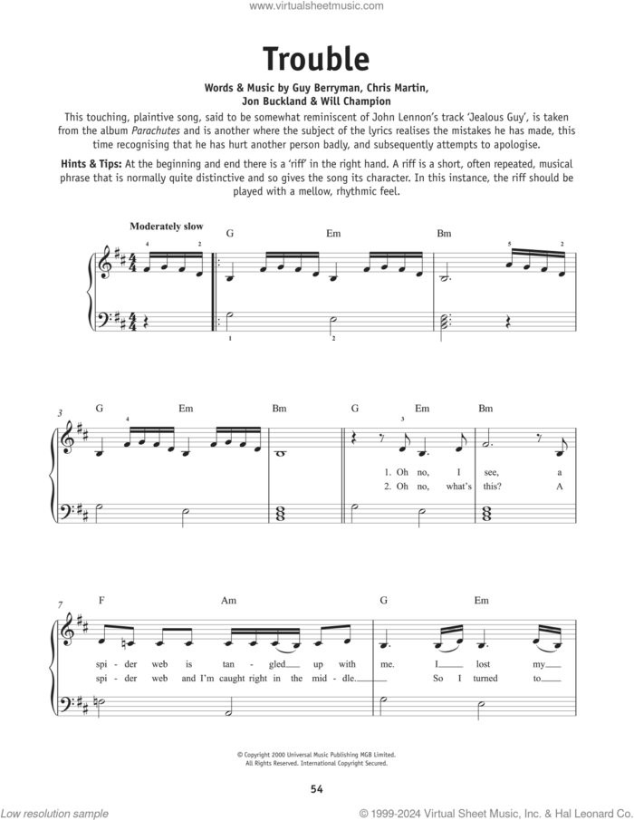 Trouble, (beginner) sheet music for piano solo by Coldplay, Chris Martin, Guy Berryman, Jon Buckland and Will Champion, beginner skill level