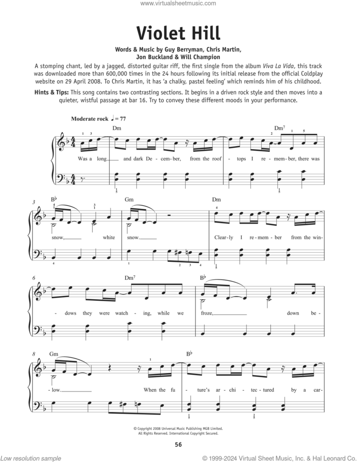 Violet Hill, (beginner) sheet music for piano solo by Coldplay, Chris Martin, Guy Berryman, Jon Buckland and Will Champion, beginner skill level