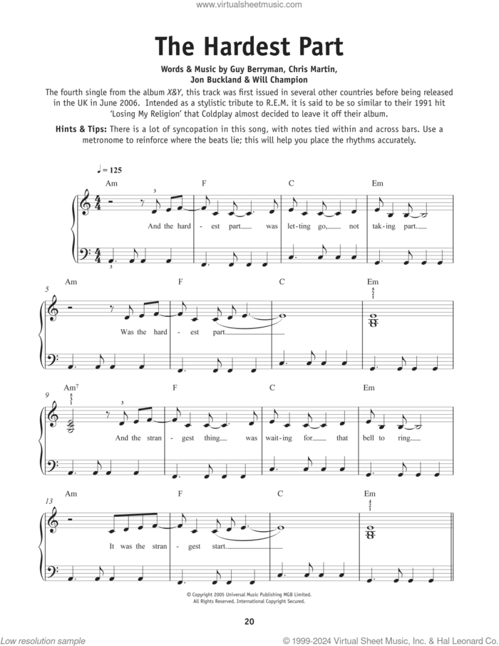 The Hardest Part, (beginner) sheet music for piano solo by Coldplay, Chris Martin, Guy Berryman, Jon Buckland and Will Champion, beginner skill level