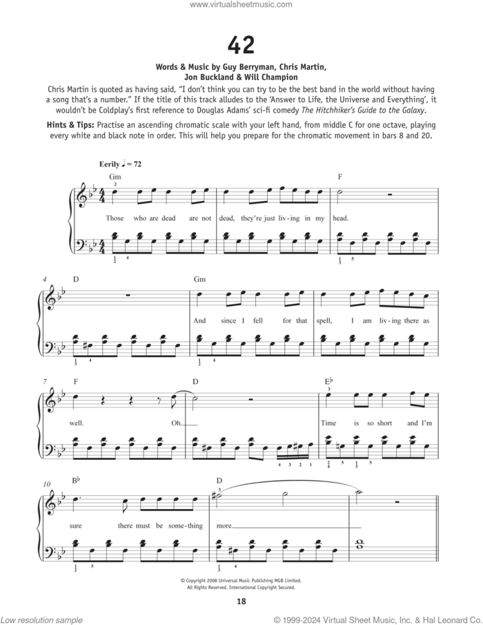 42, (beginner) sheet music for piano solo by Coldplay, Chris Martin, Guy Berryman, Jon Buckland and Will Champion, beginner skill level