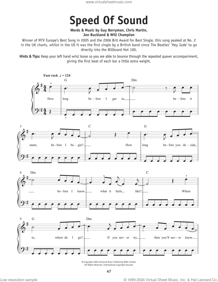 Speed Of Sound, (beginner) sheet music for piano solo by Coldplay, Chris Martin, Guy Berryman, Jon Buckland and Will Champion, beginner skill level