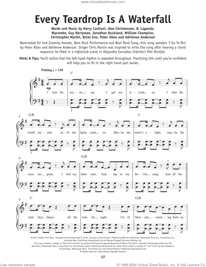 Every Teardrop Is A Waterfall sheet music for piano solo by Coldplay, Adrienne Anderson, Brian Eno, Chris Martin, Guy Berryman, Jon Buckland, Peter Allen and Will Champion, beginner skill level