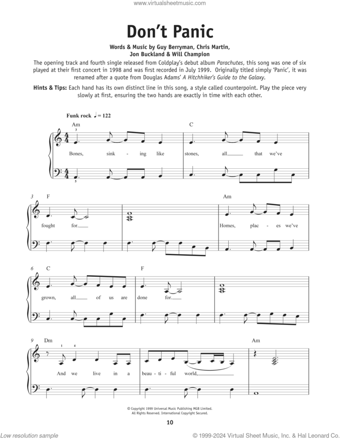 Don't Panic sheet music for piano solo by Coldplay, Chris Martin, Guy Berryman, Jon Buckland and Will Champion, beginner skill level