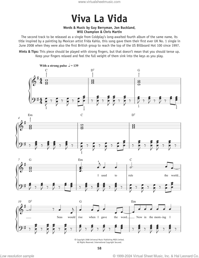 Viva La Vida sheet music for piano solo by Coldplay, Chris Martin, Guy Berryman, Jon Buckland and Will Champion, beginner skill level