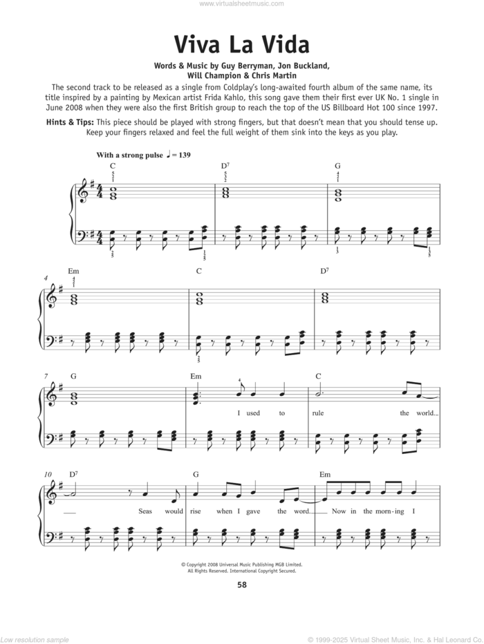 Viva La Vida sheet music for piano solo by Coldplay, Chris Martin, Guy Berryman, Jon Buckland and Will Champion, beginner skill level