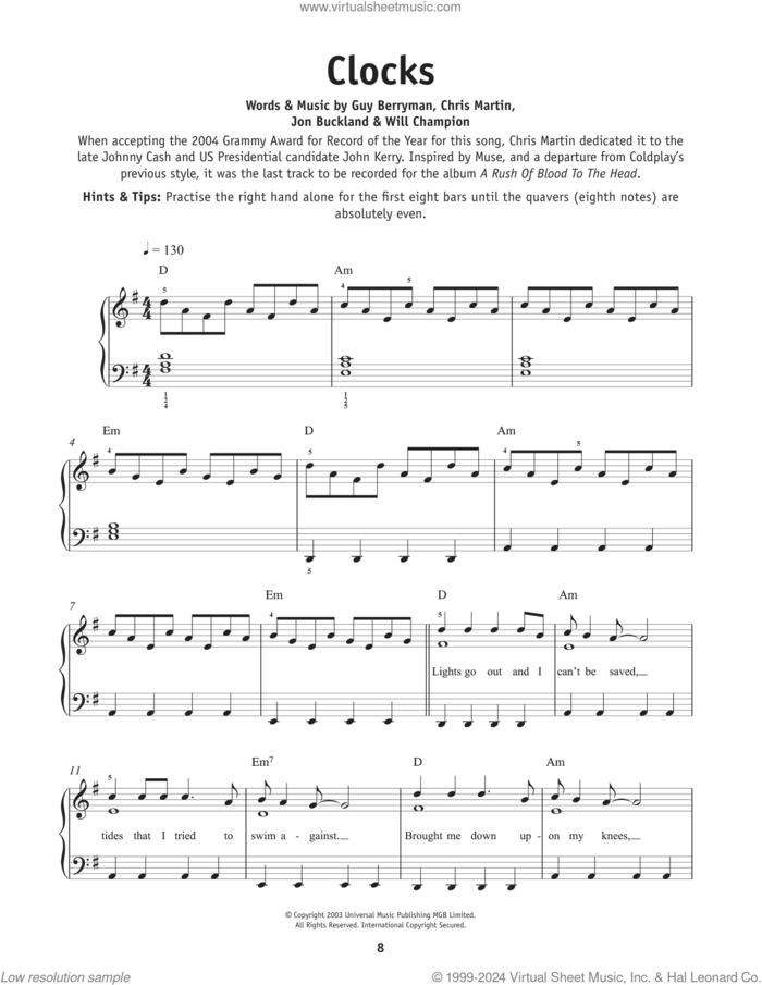 Clocks sheet music for piano solo by Coldplay, Chris Martin, Guy Berryman, Jon Buckland and Will Champion, beginner skill level