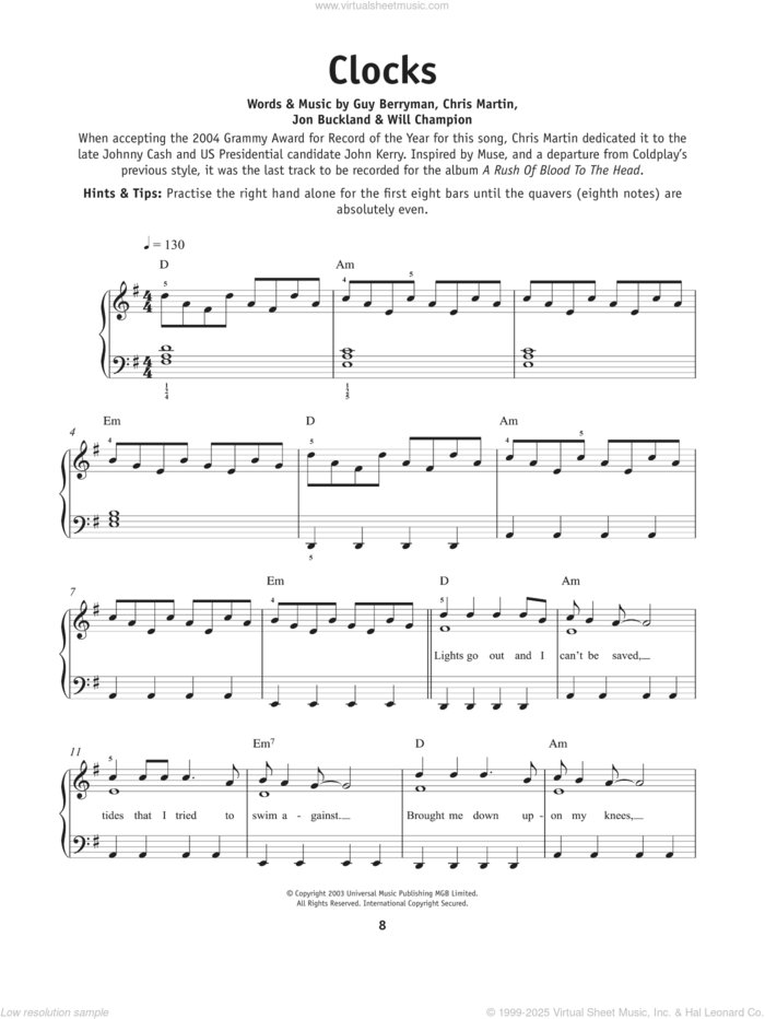 Clocks, (beginner) sheet music for piano solo by Coldplay, Chris Martin, Guy Berryman, Jon Buckland and Will Champion, beginner skill level