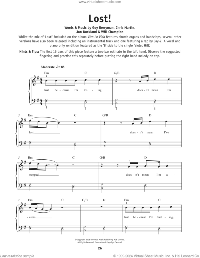 Lost!, (beginner) sheet music for piano solo by Coldplay, Chris Martin, Guy Berryman, Jon Buckland and Will Champion, beginner skill level