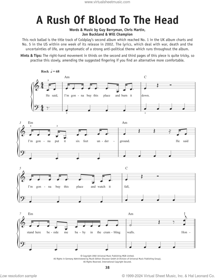 Rush Of Blood (A Rush Of Blood To The Head), (beginner) sheet music for piano solo by Coldplay, Chris Martin, Guy Berryman, Jon Buckland and Will Champion, beginner skill level