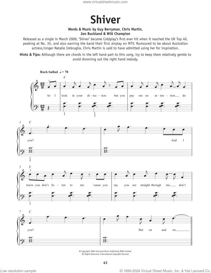 Shiver sheet music for piano solo by Coldplay, Chris Martin, Guy Berryman, Jon Buckland and Will Champion, beginner skill level