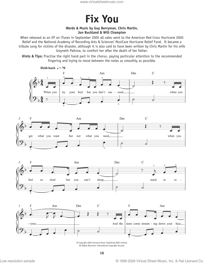 Fix You, (beginner) sheet music for piano solo by Coldplay, Javier Colon, Chris Martin, Guy Berryman, Jon Buckland and Will Champion, beginner skill level