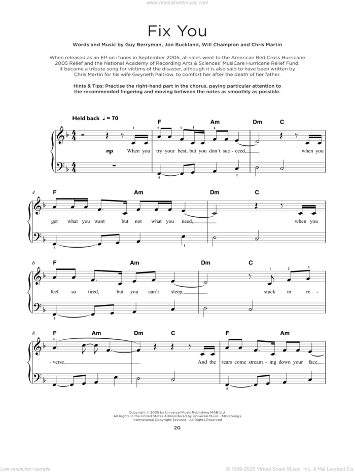 Fix You sheet music for piano solo by Coldplay, Javier Colon, Chris Martin, Guy Berryman, Jon Buckland and Will Champion, beginner skill level