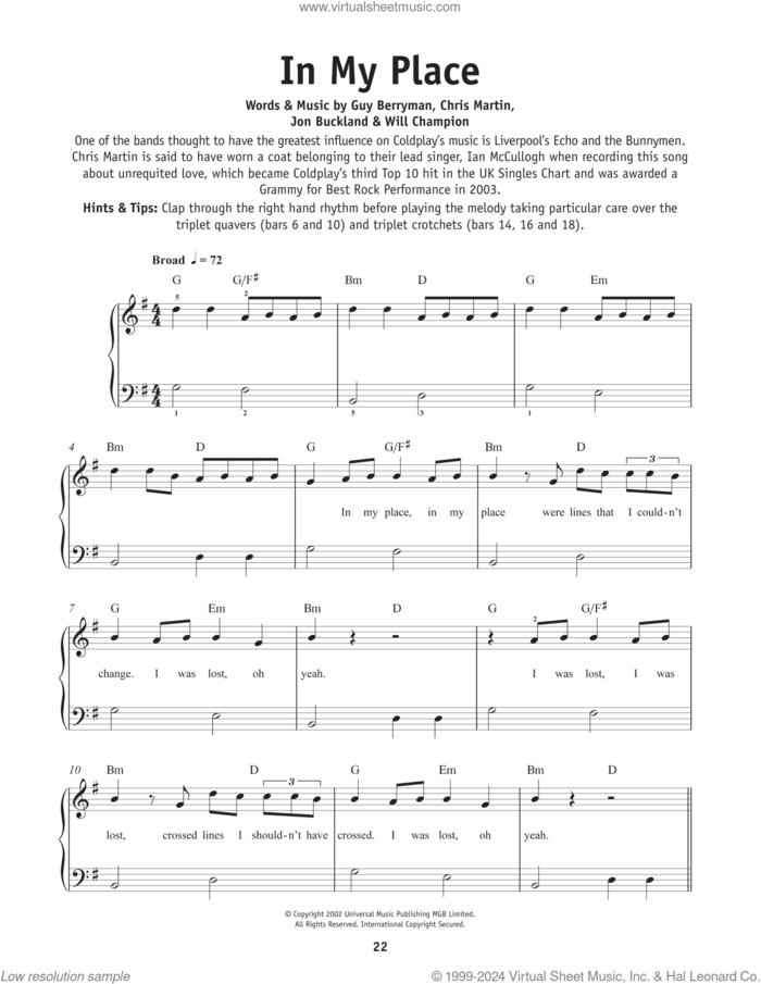 In My Place, (beginner) sheet music for piano solo by Coldplay, Chris Martin, Guy Berryman, Jon Buckland and Will Champion, beginner skill level