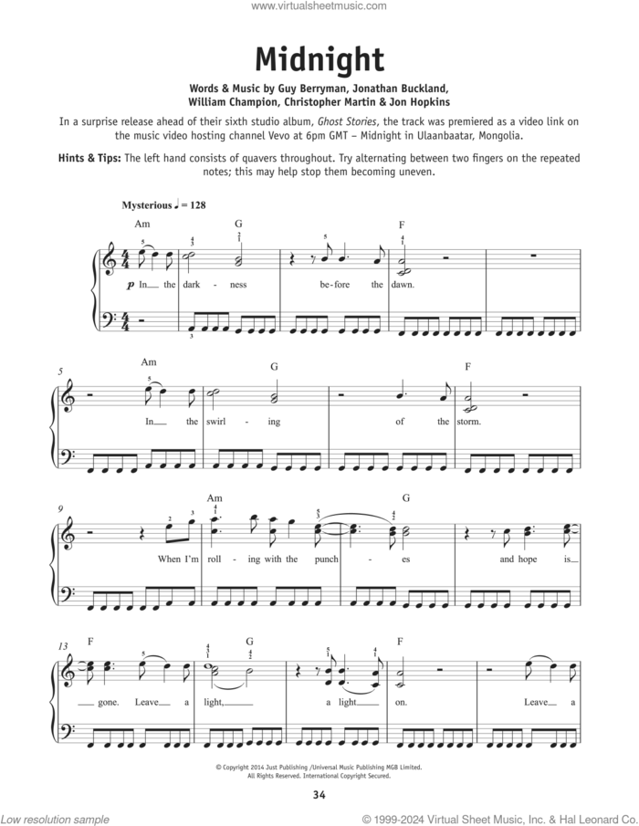 Midnight sheet music for piano solo by Coldplay, Chris Martin, Guy Berryman, Jon Buckland, Jon Hopkins and Will Champion, beginner skill level