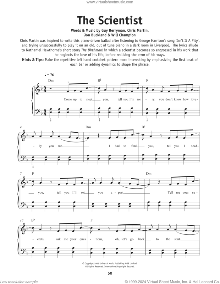 The Scientist, (beginner) sheet music for piano solo by Coldplay, Chris Martin, Guy Berryman, Jon Buckland and Will Champion, beginner skill level