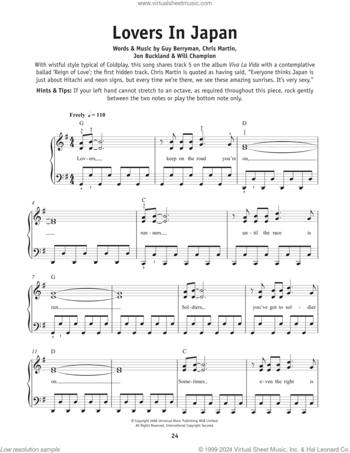 Lovers In Japan, (beginner) sheet music for piano solo by Coldplay, Chris Martin, Guy Berryman, Jon Buckland and Will Champion, beginner skill level