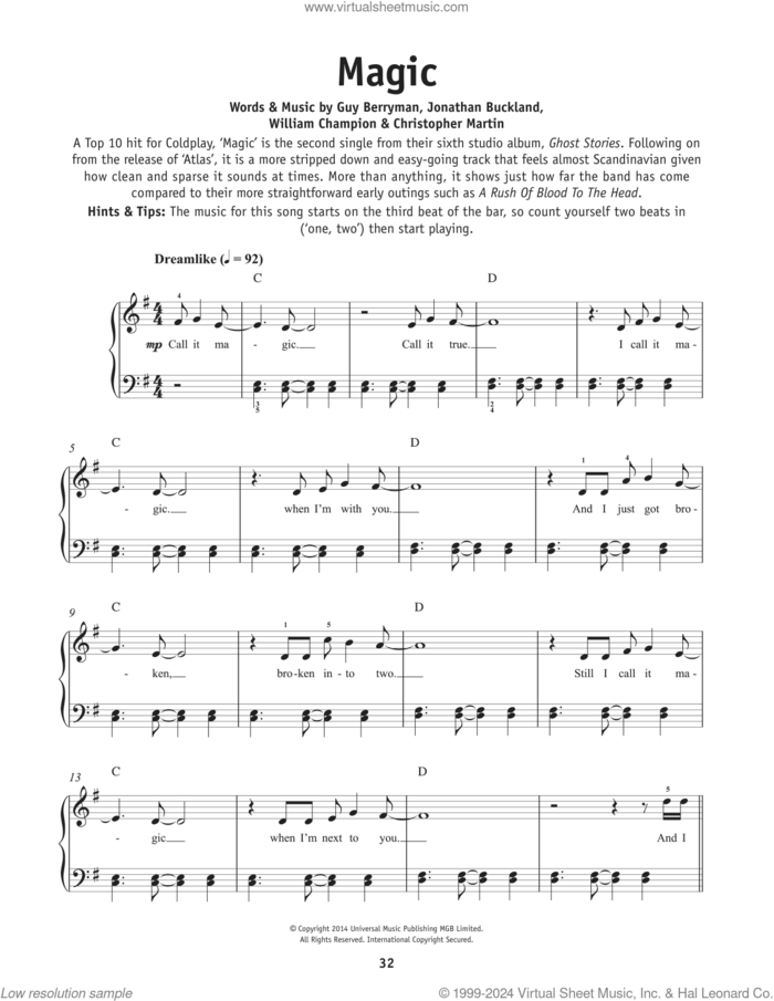 Magic, (beginner) sheet music for piano solo by Coldplay, Chris Martin, Guy Berryman, Jon Buckland and Will Champion, beginner skill level