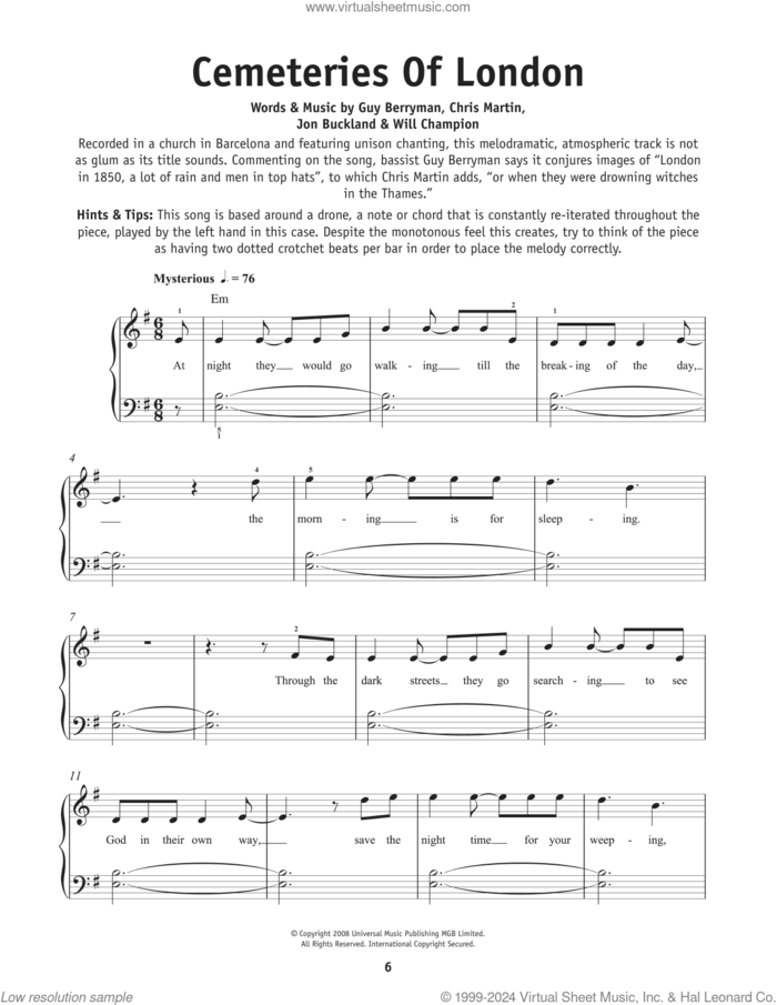 Cemeteries Of London, (beginner) sheet music for piano solo by Coldplay, Chris Martin, Guy Berryman, Jon Buckland and Will Champion, beginner skill level