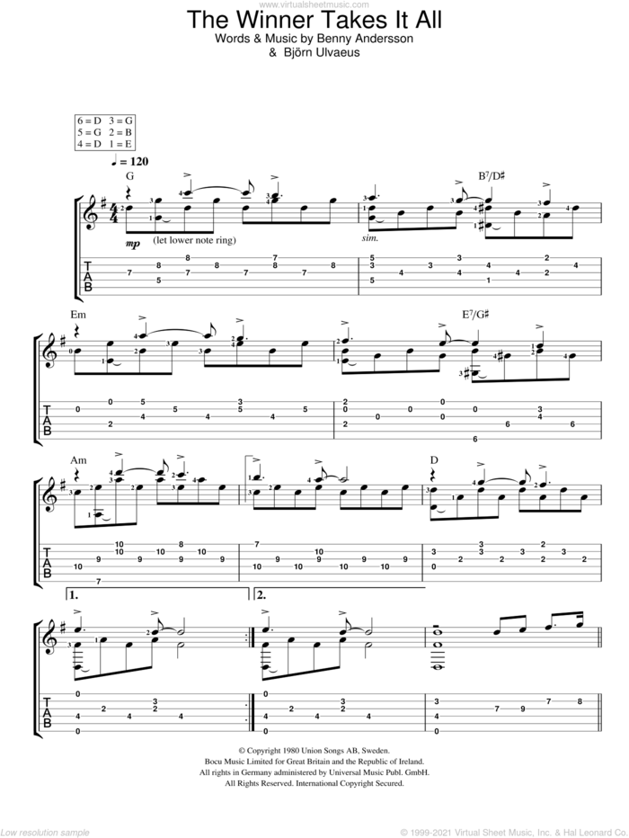 The Winner Takes It All sheet music for guitar solo (easy tablature) by ABBA, Benny Andersson and Bjorn Ulvaeus, easy guitar (easy tablature)