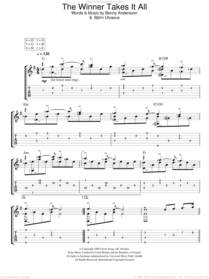 The Winner Takes It All sheet music for guitar solo (easy tablature) by ABBA, Benny Andersson and Bjorn Ulvaeus, easy guitar (easy tablature)