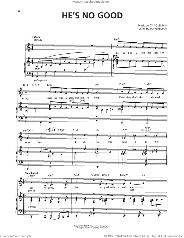 He's No Good (from The Life) sheet music for voice and piano by Cy Coleman and Ira Gasman, intermediate skill level