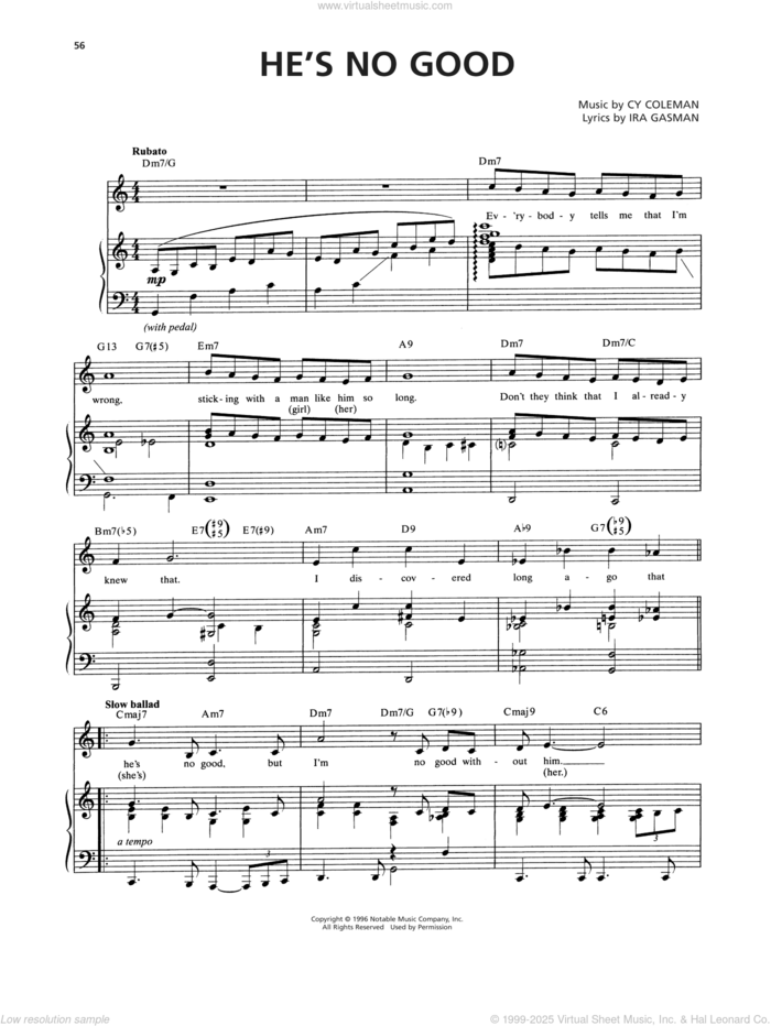 He's No Good (from The Life) sheet music for voice and piano by Cy Coleman and Ira Gasman, intermediate skill level