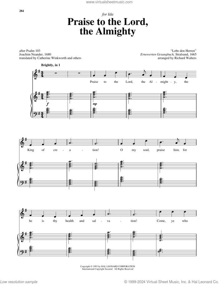 Praise To The Lord, The Almighty sheet music for voice and piano (High Voice) by Catherine Winkworth, Richard Walters, Erneuerten Gesangbuch and Joachim Neander, intermediate skill level