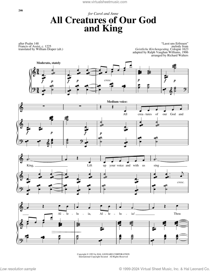 All Creatures Of Our God And King sheet music for voice and piano (High Voice) by Francis Of Assisi, Richard Walters, Geistliche Kirchengesang and William Henry Draper, intermediate skill level