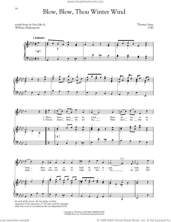 Blow, Blow, Thou Winter Wind sheet music for voice and piano (High Voice) by Thomas Arne, Richard Walters and Steven Stolen, intermediate skill level