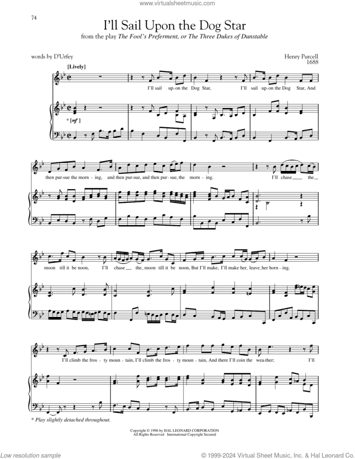 I'll Sail Upon The Dog Star sheet music for voice and piano (High Voice) by Henry Purcell, Joan Frey Boytim, Richard Walters and Steven Stolen, classical score, intermediate skill level