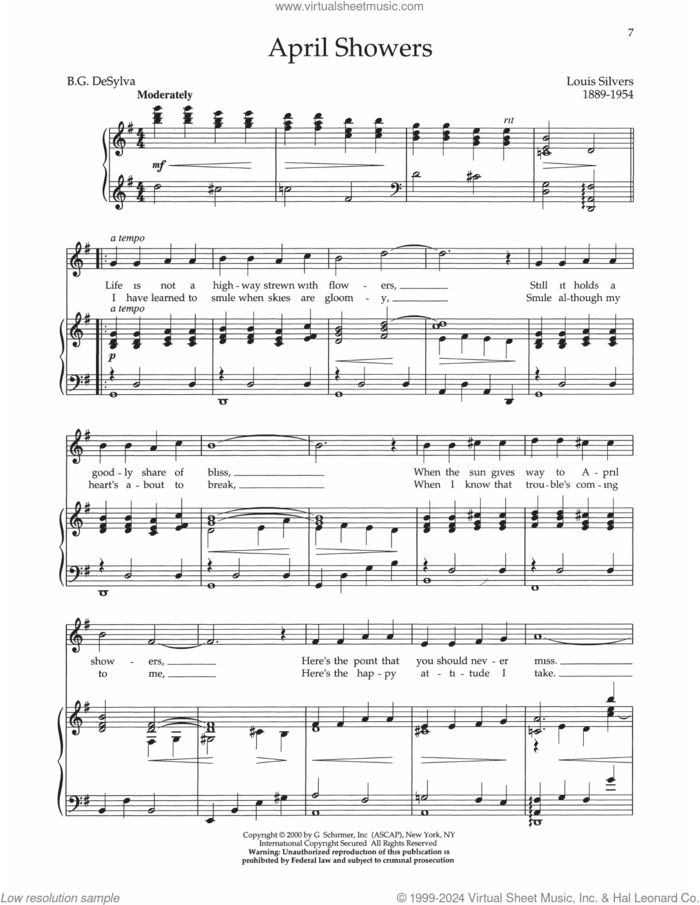 April Showers sheet music for voice and piano by Al Jolson, Joan Frey Boytim, Buddy DeSylva and Louis Silvers, intermediate skill level