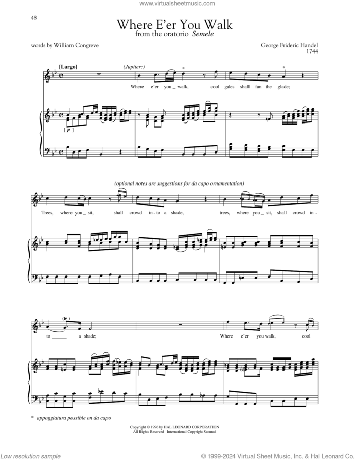 Where E'er You Walk sheet music for voice and piano (High Voice) by George Frideric Handel, Richard Walters, Steven Stolen and William Congreve, classical score, intermediate skill level