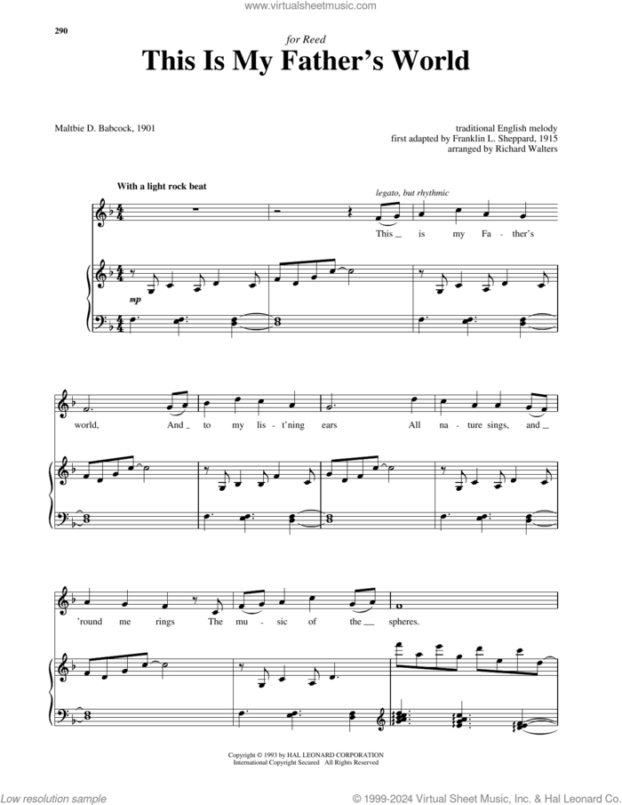 This Is My Father's World sheet music for voice and piano (High Voice) by Maltbie D. Babcock, Richard Walters and Franklin L. Sheppard, intermediate skill level