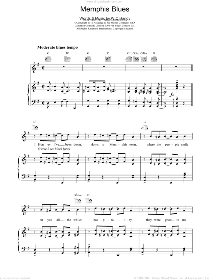Memphis Blues sheet music for voice, piano or guitar by W.C. Handy and Miscellaneous, intermediate skill level